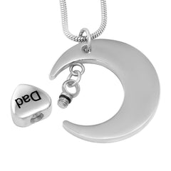 Silver Crescent Moon Etched With 'I Love You To The Moon And Back' Cremation Urn Necklace & Dad Charm