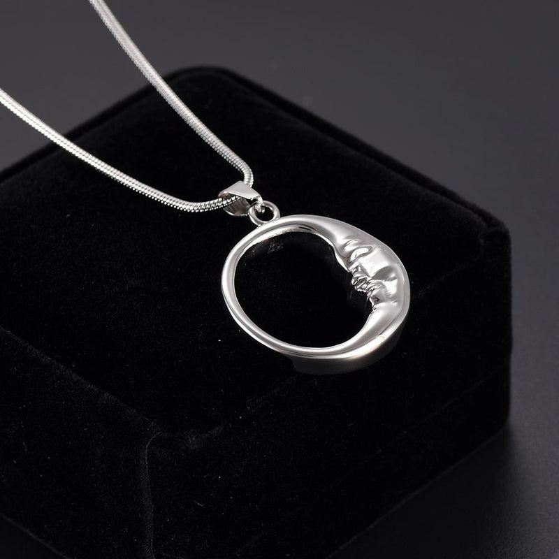 Silver Crescent Moon Face Cremation Urn Necklace