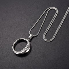 Silver Crescent Moon Face Cremation Urn Necklace