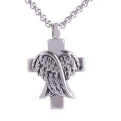Silver Cross And Angel Wings Cremation Urn Necklace