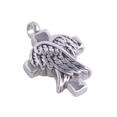 Silver Cross And Angel Wings Cremation Urn Necklace