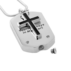 Silver Cross & Dogtag etched "You Are Always In My Heart" Cremation Urn Necklace