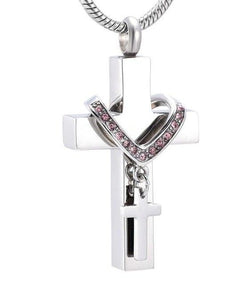 Silver Cross & Rhinestone Rosary Cremation Urn Necklace