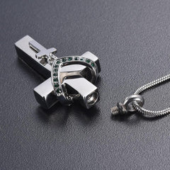 Silver Cross & Rhinestone Rosary Cremation Urn Necklace