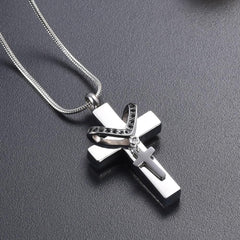 Silver Cross & Rhinestone Rosary Cremation Urn Necklace