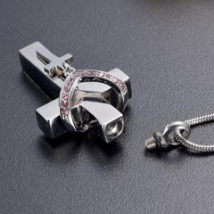 Silver Cross & Rhinestone Rosary Cremation Urn Necklace
