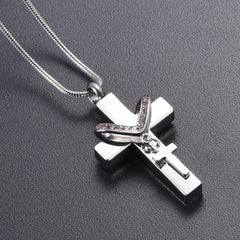 Silver Cross & Rhinestone Rosary Cremation Urn Necklace