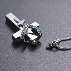Silver Cross & Rhinestone Rosary Cremation Urn Necklace