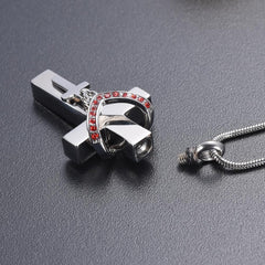 Silver Cross & Rhinestone Rosary Cremation Urn Necklace