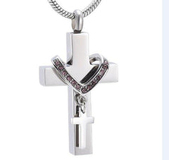 Silver Cross & Rhinestone Rosary Cremation Urn Necklace