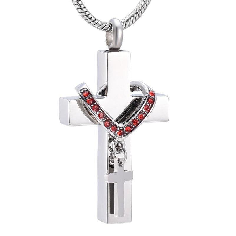Silver Cross & Rhinestone Rosary Cremation Urn Necklace