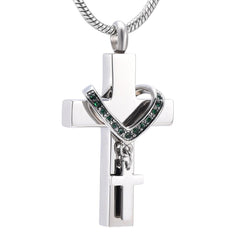 Silver Cross & Rhinestone Rosary Cremation Urn Necklace