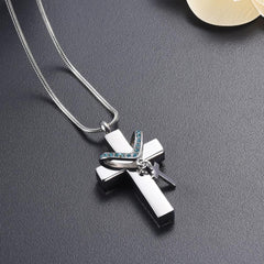 Silver Cross & Rhinestone Rosary Cremation Urn Necklace