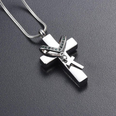 Silver Cross & Rhinestone Rosary Cremation Urn Necklace