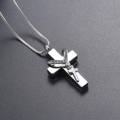 Silver Cross & Rhinestone Rosary Cremation Urn Necklace