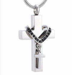Silver Cross & Rhinestone Rosary Cremation Urn Necklace