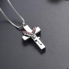 Silver Cross & Rhinestone Rosary Cremation Urn Necklace