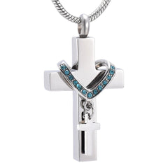 Silver Cross & Rhinestone Rosary Cremation Urn Necklace