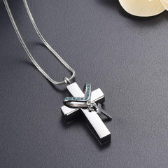 Silver Cross & Rhinestone Rosary Cremation Urn Necklace