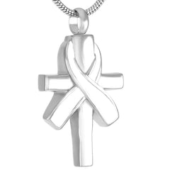 Silver Cross & Cancer Ribbon Cremation Urn Necklace