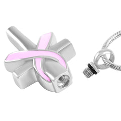 Silver Cross & Cancer Ribbon Cremation Urn Necklace