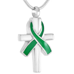 Silver Cross & Cancer Ribbon Cremation Urn Necklace