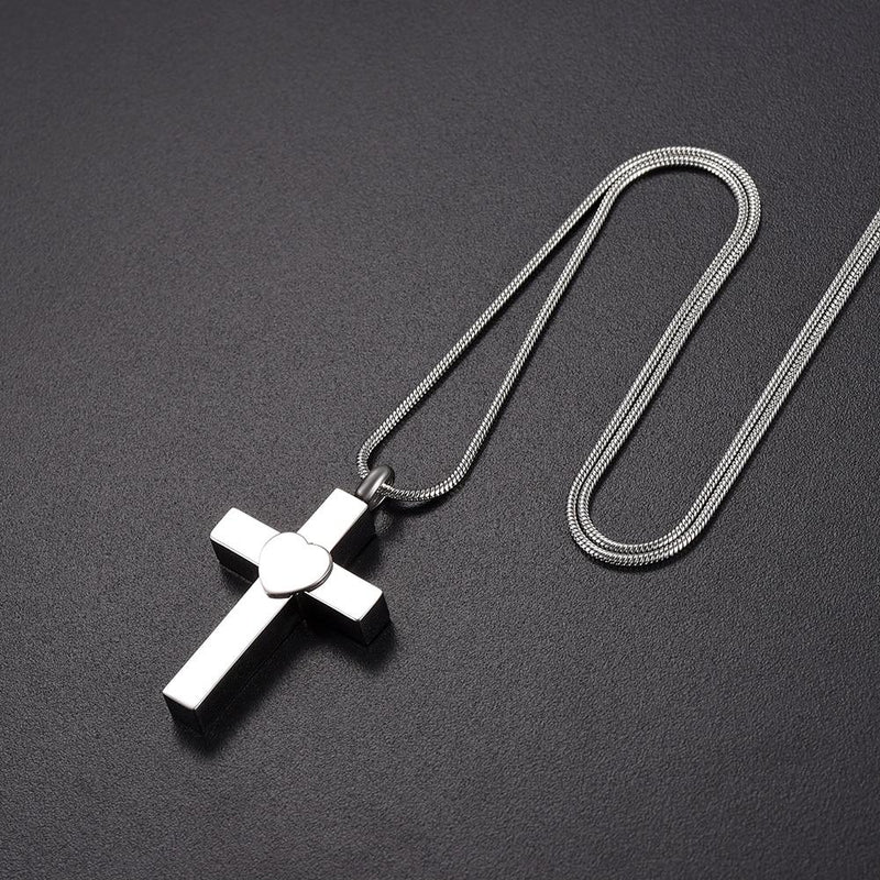 Silver Cross With Heart Cremation Urn Necklace
