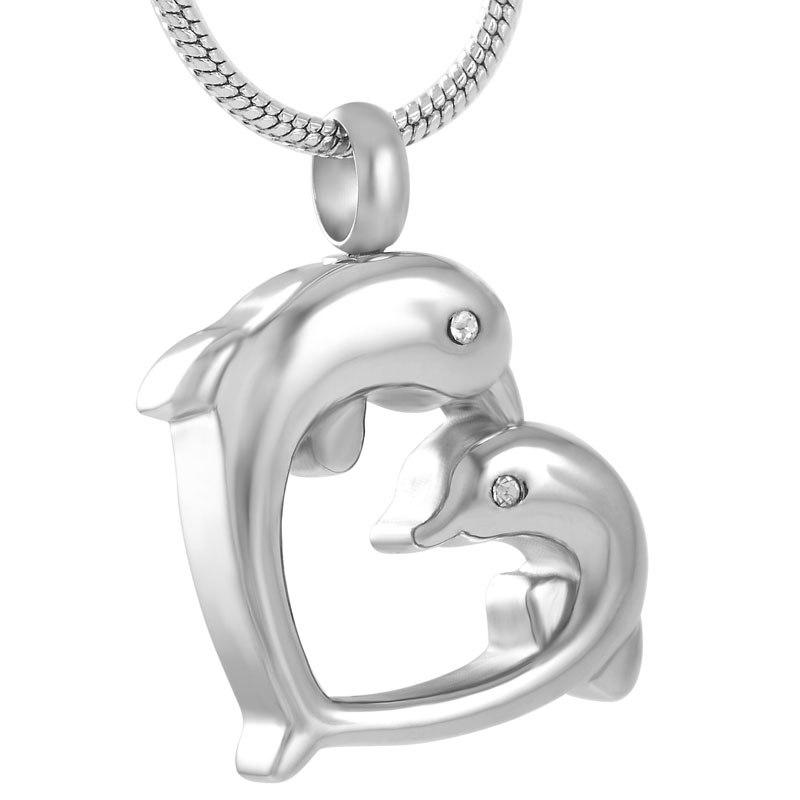 Silver Dolphin Heart Shaped Cremation Urn Necklace with Rhinestones