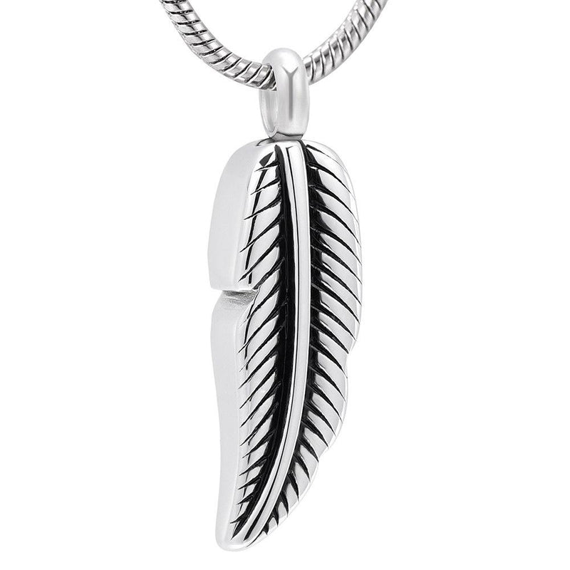 Silver Feather Shaped Cremation Urn Necklace