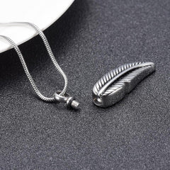 Silver Feather Shaped Cremation Urn Necklace