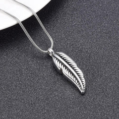 Silver Feather Shaped Cremation Urn Necklace