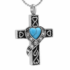 Silver Heart Cross With Turquoise Heart Center Cremation Urn Necklace