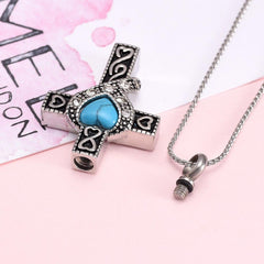 Silver Heart Cross With Turquoise Heart Center Cremation Urn Necklace