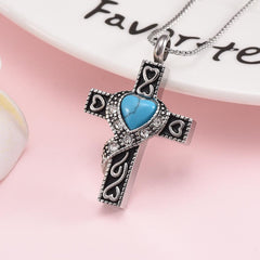 Silver Heart Cross With Turquoise Heart Center Cremation Urn Necklace