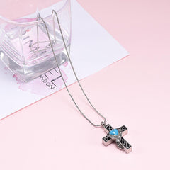 Silver Heart Cross With Turquoise Heart Center Cremation Urn Necklace