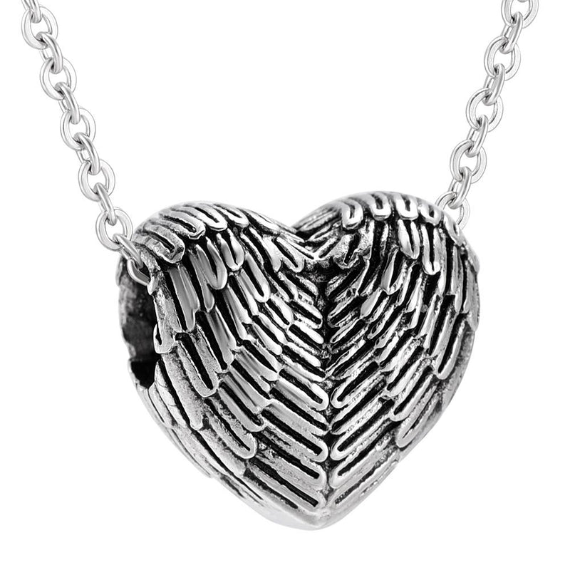 Silver Heart Shaped Angel Wings Cremation Urn Necklace