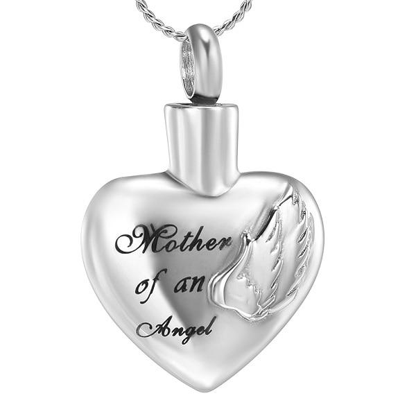 Silver Heart Shaped Cremation Urn Necklace With Angel Wings Engraved 