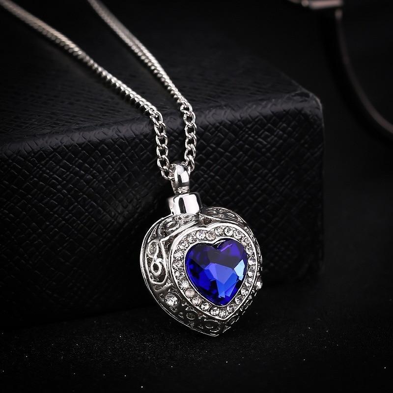 Silver Heart Shaped Cremation Urn Necklace with Rhinestones and Blue Gem