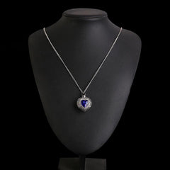 Silver Heart Shaped Cremation Urn Necklace with Rhinestones and Blue Gem