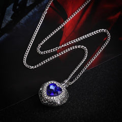 Silver Heart Shaped Cremation Urn Necklace with Rhinestones and Blue Gem