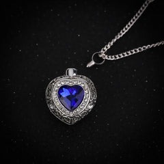 Silver Heart Shaped Cremation Urn Necklace with Rhinestones and Blue Gem