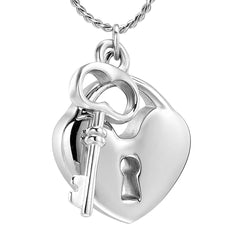 Silver Heart Shaped Lock & Key Charm Cremation Urn Necklace