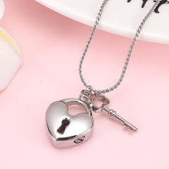 Silver Heart Shaped Lock & Key Charm Cremation Urn Necklace