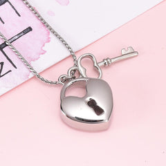 Silver Heart Shaped Lock & Key Charm Cremation Urn Necklace