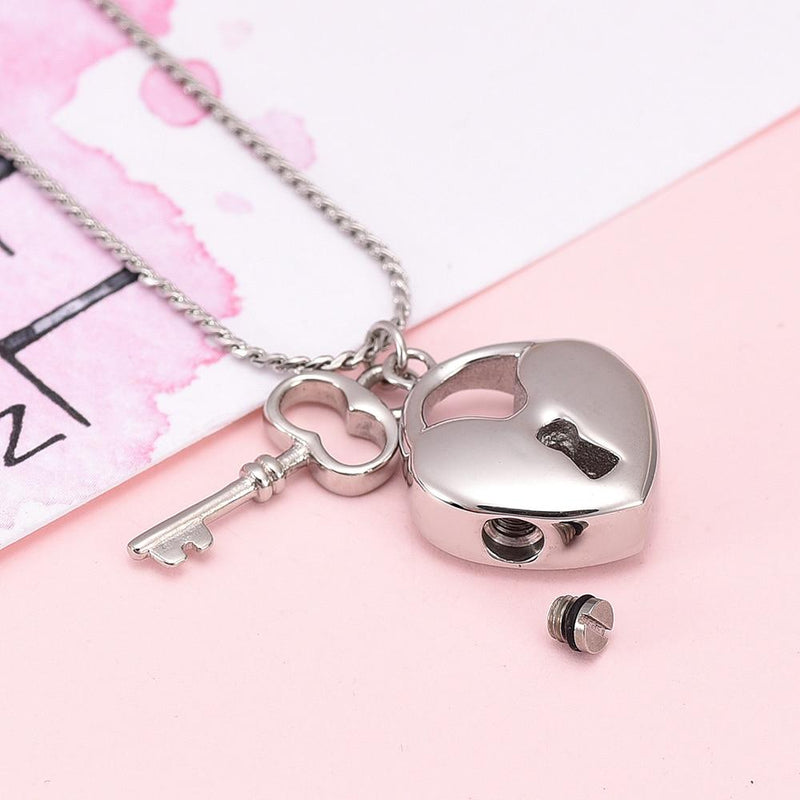 Silver Heart Shaped Lock & Key Charm Cremation Urn Necklace