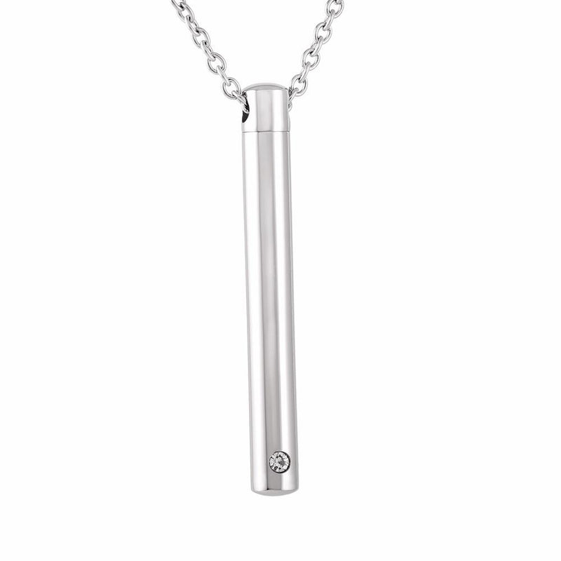 Silver Minimalist Cremation Urn Necklace With Rhinestone Gem