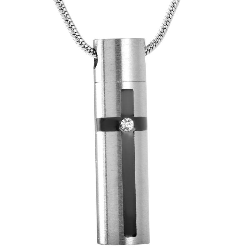 Silver Modern Cross Cylinder Cremation Urn Necklace With Rhinestone