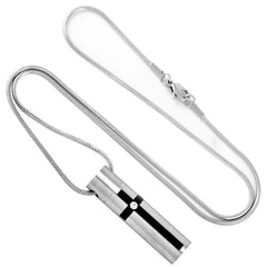 Silver Modern Cross Cylinder Cremation Urn Necklace With Rhinestone
