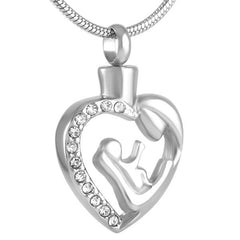 Silver Mother and Child Cremation Urn Necklace With Rhinestone Heart