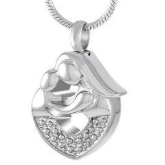 Silver Mother & Child Heart Shaped Cremation Urn Necklace With Rhinestones